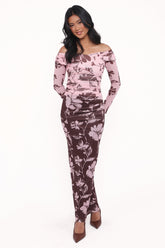 Navida Mesh Midi Skirt - Pink Brown Floral