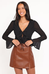 Elora Chiffon Ruffle Front Top - Black