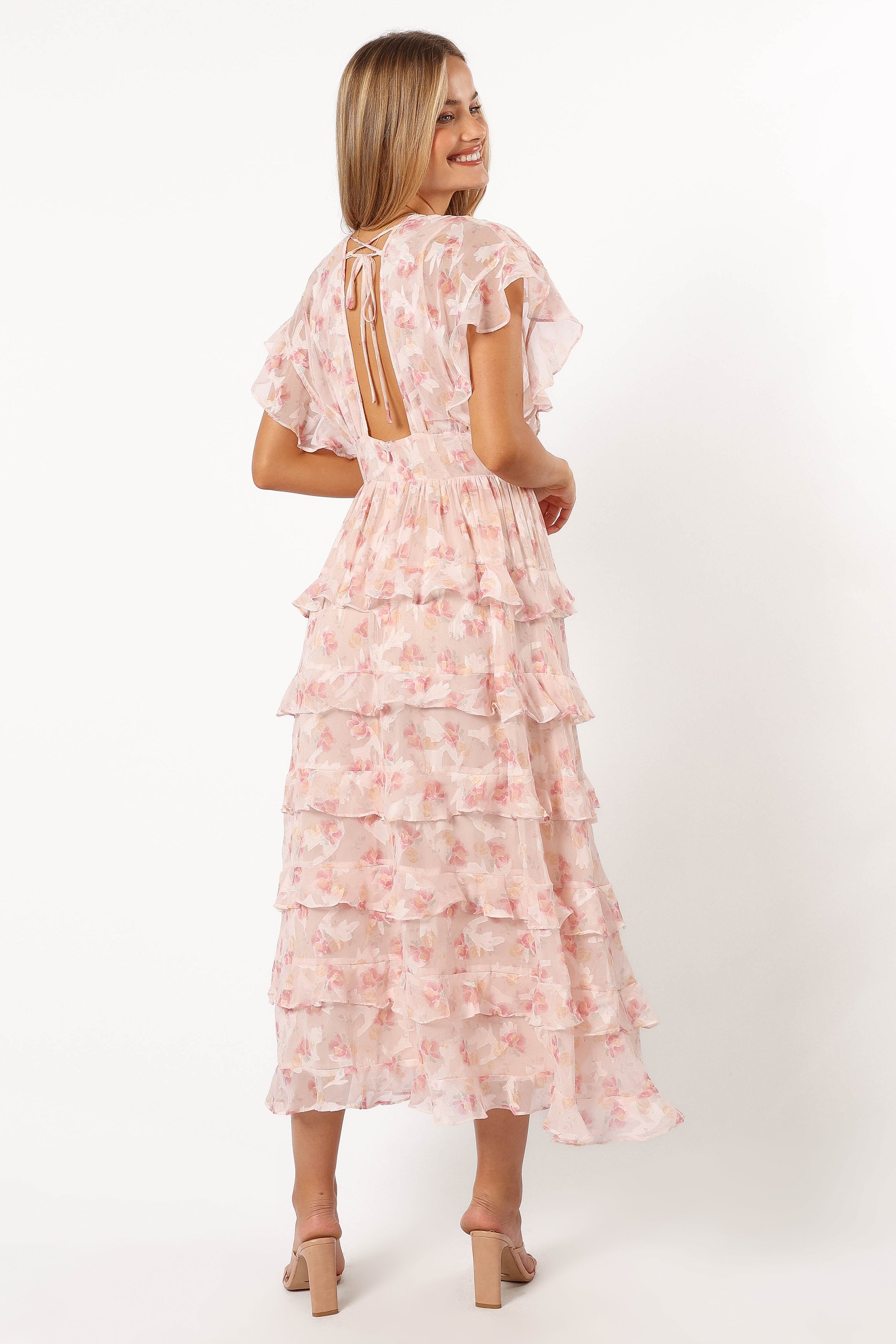 Daphne Ruffle Midi Dress - Pink Orange