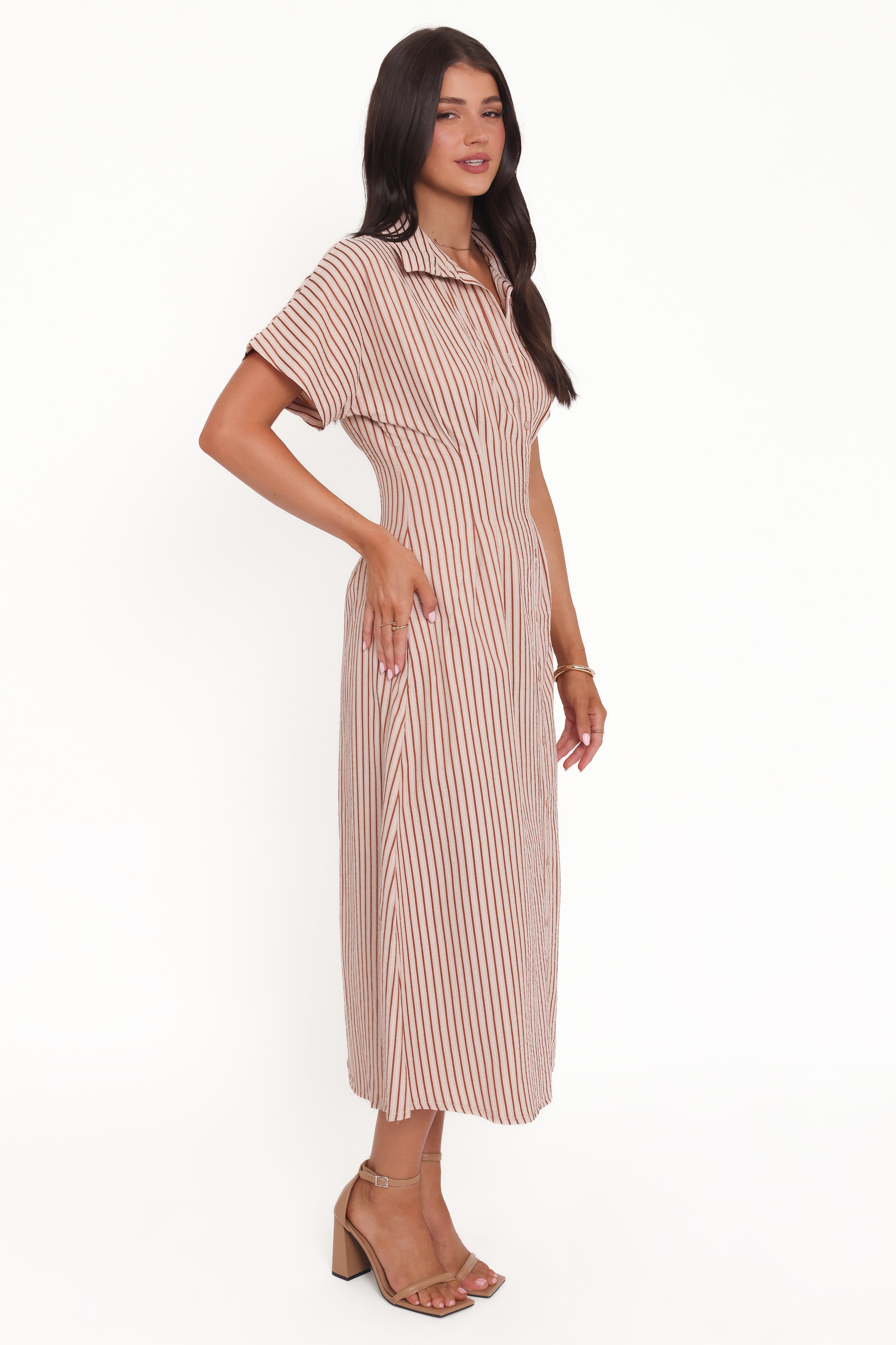 Eilis Short Sleeve Button Down Maxi Dress - Brown Stripe