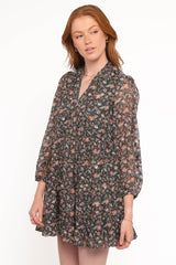 Jinny Long Sleeve Mini Dress - Dark Green/Multi