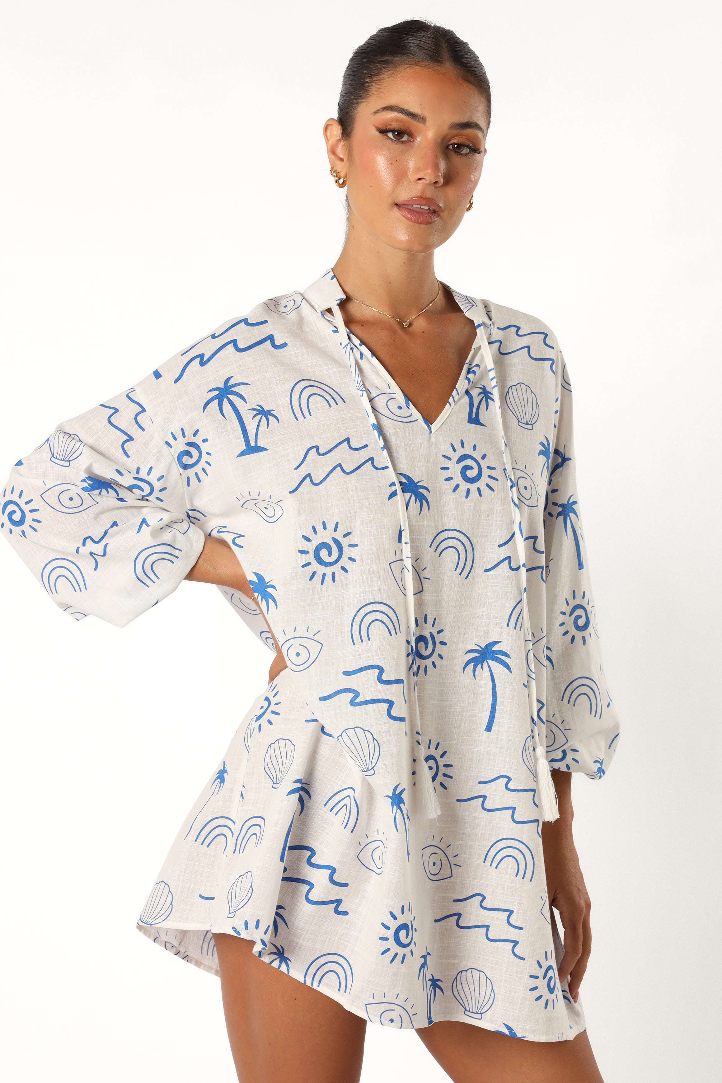 Laila Long Sleeve Linen Mini Dress - White Blue