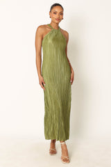 Melody Plisse Halter Maxi Dress - Olive