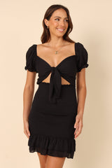 Rosie Shirred Tie Front Mini Dress - Black