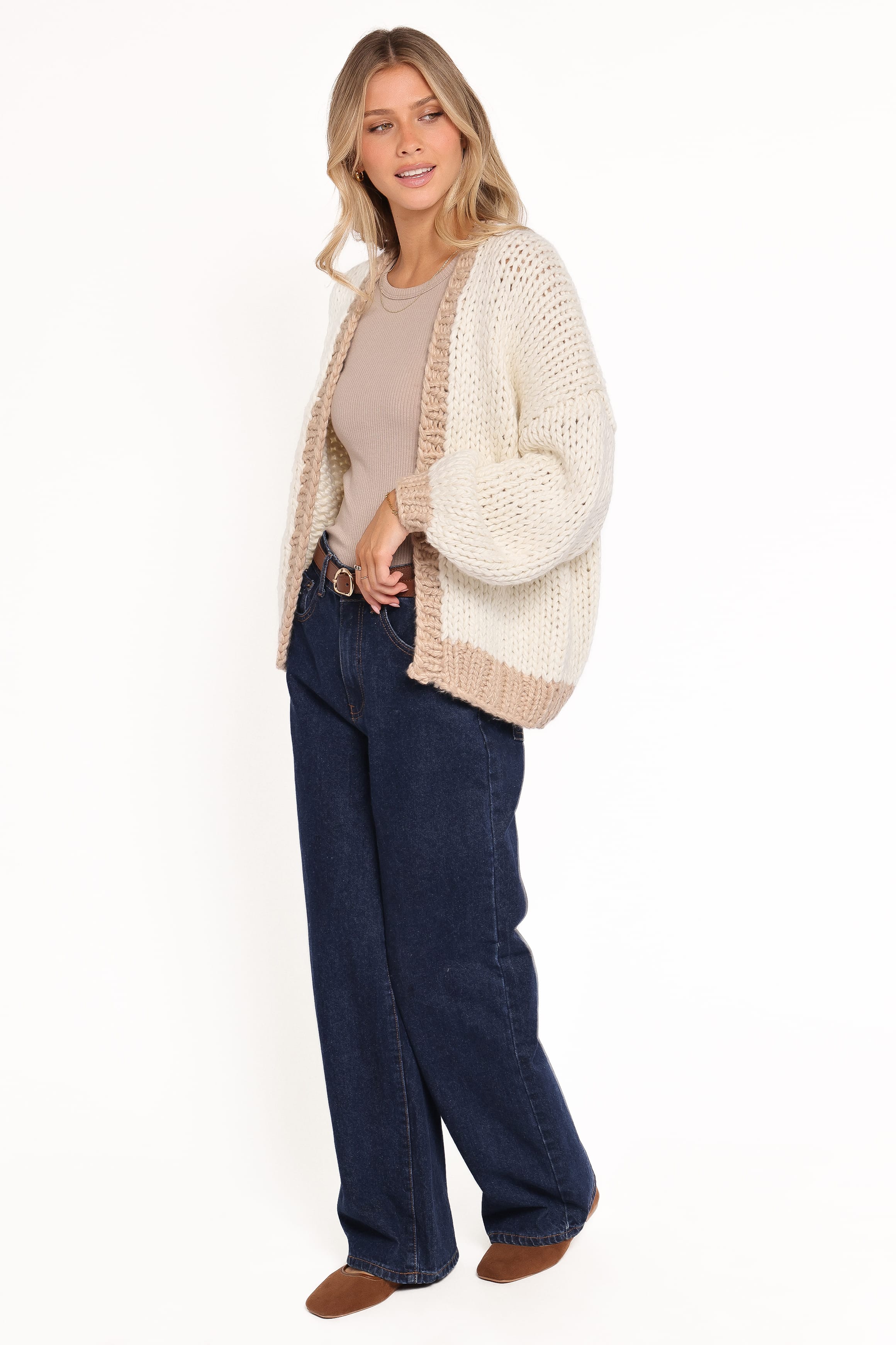 Anige Contrast Trim Cardigan - Cream