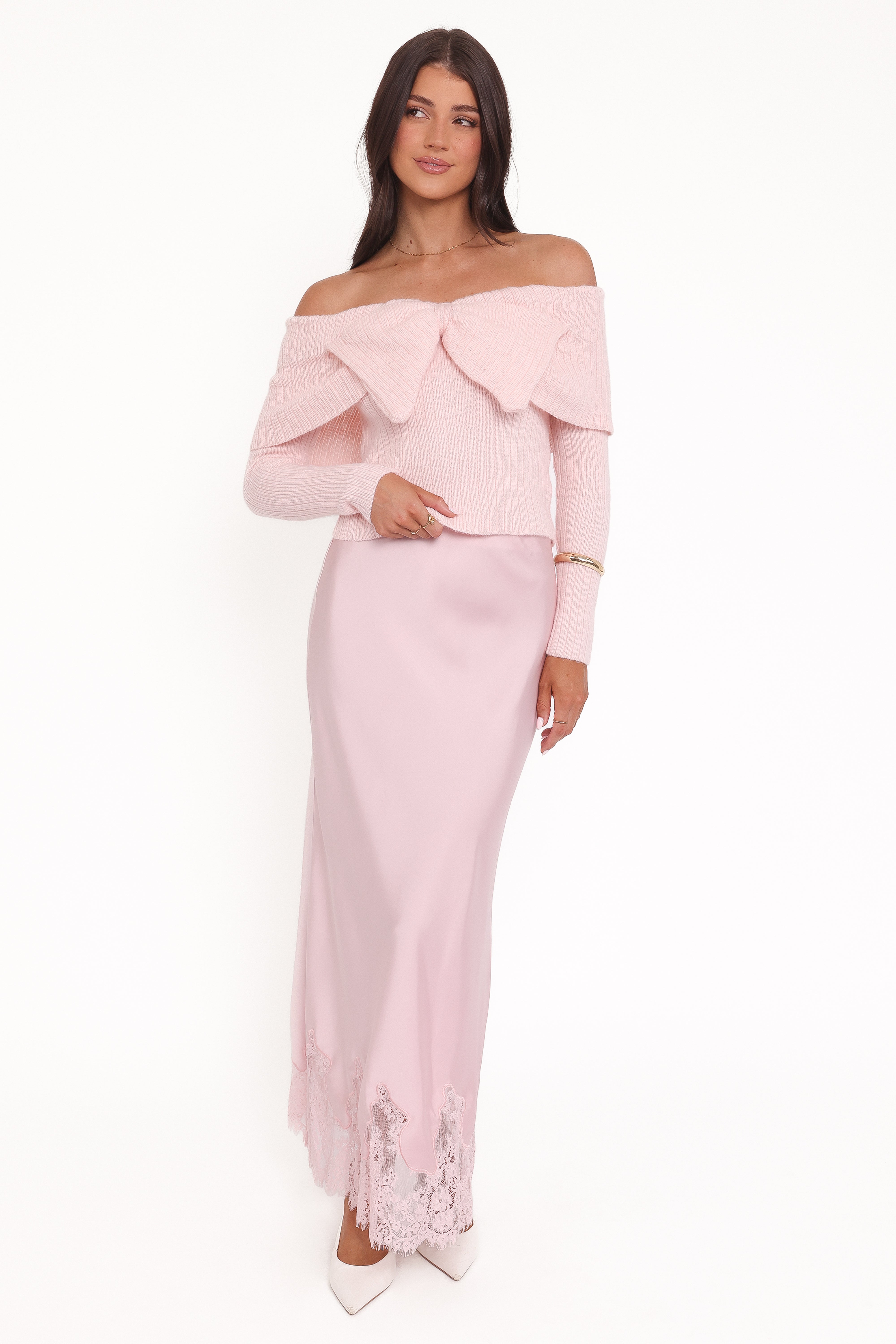 Helene Bow Off Shoulder Knit Sweater - Pink